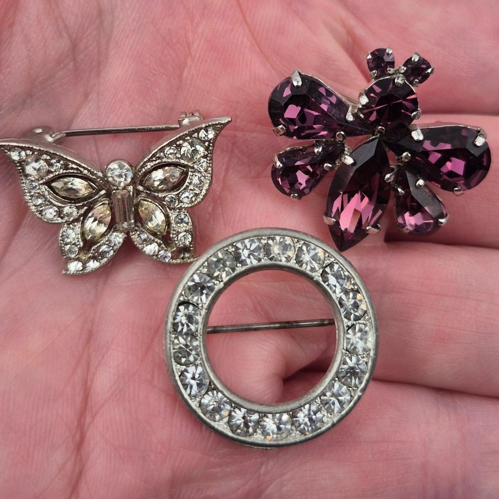 Lot 3 Vtg Rhinestone Brooches 1" Butterfly‎ Bee & Circle Figural Pin Set MCM